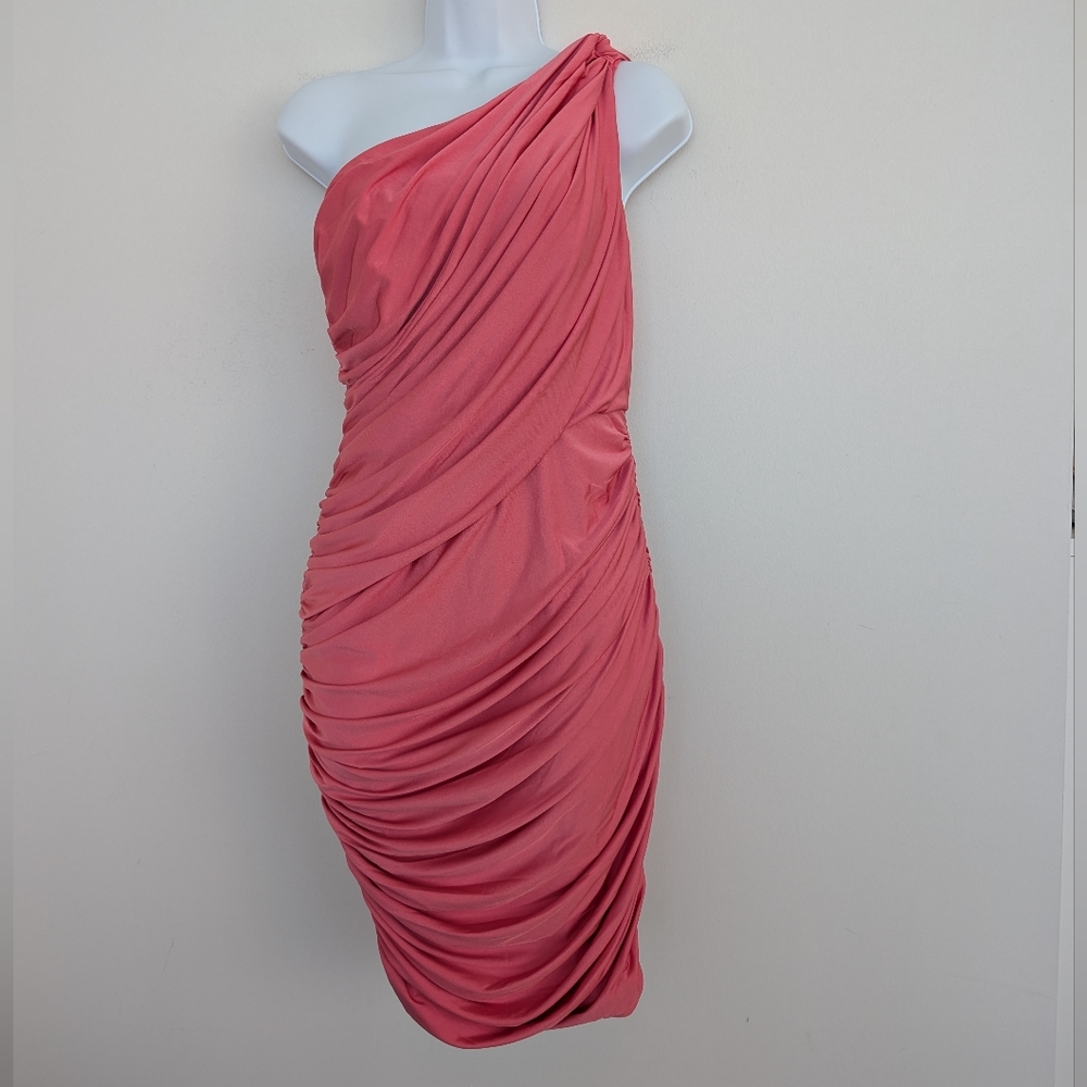 Vintage Tadashi Shoji Petites Ruched Pink One Shoulder Evening Dress Sz PS